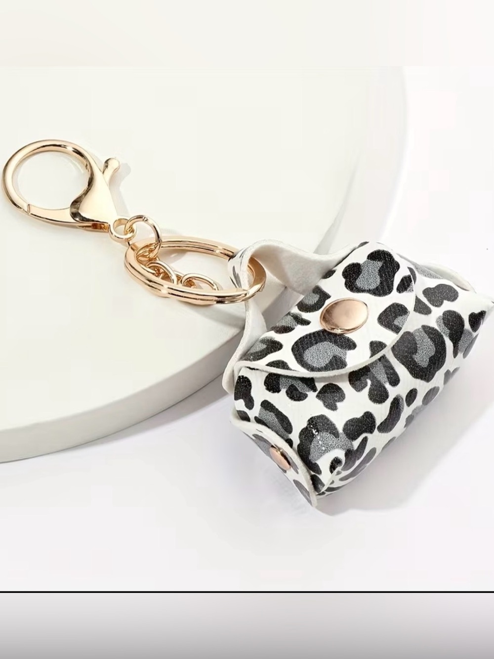 Leopard Print Mini Purse Keychain - White & Black with Gold Hardware